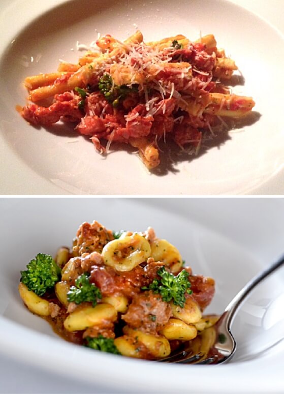 Maccheroni a 'ru fierro, especial para a Semana da Cozinha Regional Italiana, e o tradicional Orecchiette com brócolis e linguiça, que faz parte do menu da casa Fotos: magari blu/Tadeu Brunelli