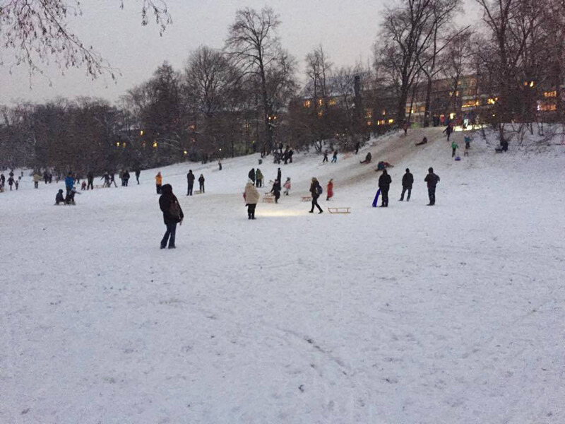Famílias escorregando com seus trenós na neve em um parque de bairro em Berlim Foto: Laura Ammann